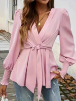 Teal Long Sleeve Wrap Blouse for Women – V-Neck Tie-Front Elegant Top | Chic Everyday & Workwear Blouse - Image 3