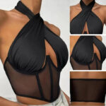 Elegant Halter Neck Mesh Corset Top for Women | Sheer Panel Wrap Neck Crop Top | Clubwear & Night Out Fashion - Image 2