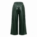 Luxury Forest Green PU Leather Wide-Leg Cargo Pants – High-Waist Cropped Vegan Leather Trousers for Women - Image 3