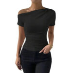 Beige One-Shoulder Ruched Crop Top for Women – Asymmetrical Short Sleeve Fitted Top | Minimalist Chic Essential - Image 6