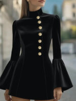 Elegant White High-Neck Mini Dress for Women | Gold Button Long Sleeve Structured Dress - Image 8