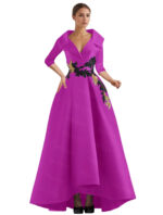 Elegant Champagne High-Low Evening Dress – V-Neck Structured Gown with Embroidered Appliqué - Image 7