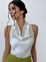 Elegant Satin Halter Blouse for Women – Sleeveless Bow Neck Office Lady Top - Image 21