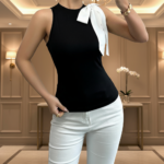 Elegant Black Sleeveless Top with White Bow – Chic High-Neck Women’s Blouse | Modern Boutique Style