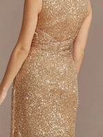 Gold Sequin Sleeveless Maxi Dress for Women | V-Neck Ruched Evening Gown with Slit - Image 5