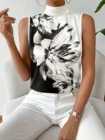Black & White Floral Sleeveless High-Neck Blouse – Elegant Monochrome Women’s Top | Boutique Fashion - Image 7