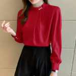 Elegant Pearl Button Chiffon Blouse – Light Blue Long Sleeve Office Top - Image 18