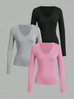 Long-Sleeve V-Neck Fitted Top – Soft Stretch Everyday Essential - Image 4