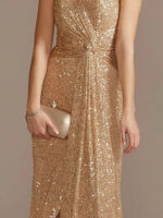 Gold Sequin Sleeveless Maxi Dress for Women | V-Neck Ruched Evening Gown with Slit - Image 3