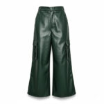 Luxury Forest Green PU Leather Wide-Leg Cargo Pants – High-Waist Cropped Vegan Leather Trousers for Women - Image 8