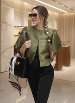 Solid Satin Balloon Sleeve Blouse for Women | Puff Sleeve O-Neck Single-Breasted Loose Fit Top - Image 3