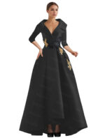 Elegant Champagne High-Low Evening Dress – V-Neck Structured Gown with Embroidered Appliqué - Image 6