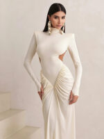 Elegant Ivory Long Sleeve Maxi Dress – High Neck Cut-Out Bodycon Evening Gown for Women - Image 10