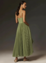 Sage Green Pleated Midi Dress – Corset-Style Spaghetti Strap Elegant Dress - Image 2
