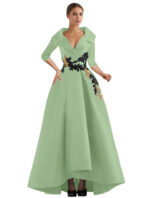 Elegant Champagne High-Low Evening Dress – V-Neck Structured Gown with Embroidered Appliqué - Image 15