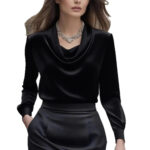 Luxury Draped Satin Blouse for Women – Elegant Long Sleeve Cowl Neck Top - Image 5