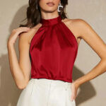 Luxury Satin Halter Neck Blouse for Women – Elegant Sleeveless High-Neck Top in Red, Teal & Black