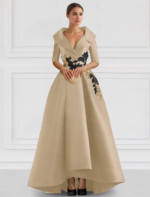 Elegant Champagne High-Low Evening Dress – V-Neck Structured Gown with Embroidered Appliqué