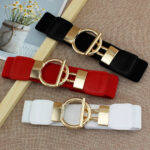 Luxury Wide Elastic Waist Belt for Women | Gold Buckle Stretch Belt in Black, Red & White - Image 2
