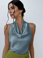 Elegant Satin Halter Blouse for Women – Sleeveless Bow Neck Office Lady Top - Image 19