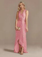 Gold Sequin Sleeveless Maxi Dress for Women | V-Neck Ruched Evening Gown with Slit - Image 15