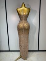 Luxury Champagne Crystal Embellished Maxi Gown – Spaghetti Strap Elegant Evening Dress - Image 6