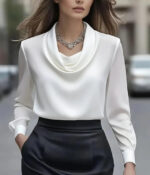 Luxury Draped Satin Blouse for Women – Elegant Long Sleeve Cowl Neck Top - Image 9