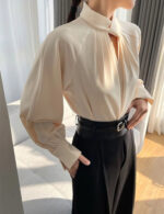 Elegant Twist-Neck Satin Blouse for Women – Long Sleeve Formal Top - Image 12