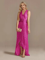 Gold Sequin Sleeveless Maxi Dress for Women | V-Neck Ruched Evening Gown with Slit - Image 8