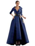 Elegant Champagne High-Low Evening Dress – V-Neck Structured Gown with Embroidered Appliqué - Image 18