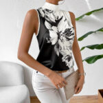 Black & White Floral Sleeveless High-Neck Blouse – Elegant Monochrome Women’s Top | Boutique Fashion - Image 4