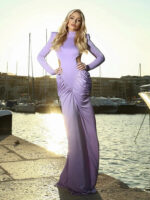 Elegant Ivory Long Sleeve Maxi Dress – High Neck Cut-Out Bodycon Evening Gown for Women - Image 2