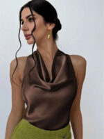 Elegant Satin Halter Blouse for Women – Sleeveless Bow Neck Office Lady Top - Image 13