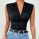 Black Sparkly Sleeveless V-Neck Wrap Top for Women – Ruched Waist Elegant Party Blouse | Chic Day-to-Night Top - Image 4