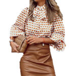 Elegant Bow-Tie Neck Blouse with Balloon Sleeves – Chic Printed Long-Sleeve Top - Image 6