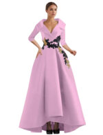 Elegant Champagne High-Low Evening Dress – V-Neck Structured Gown with Embroidered Appliqué - Image 8