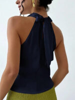 Elegant Satin Halter Blouse for Women – Sleeveless Bow Neck Office Lady Top - Image 10