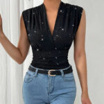 Black Sparkly Sleeveless V-Neck Wrap Top for Women – Ruched Waist Elegant Party Blouse | Chic Day-to-Night Top