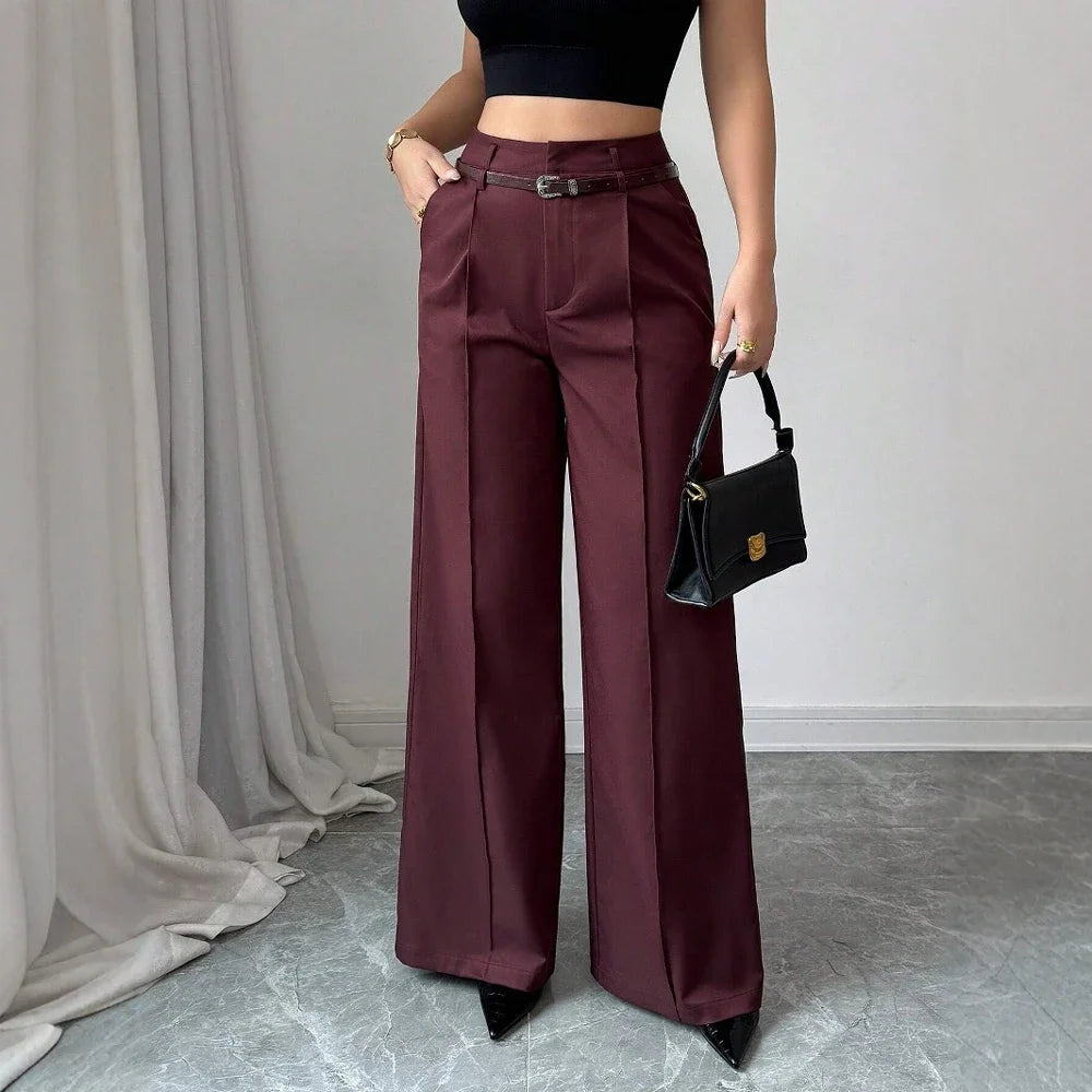 S5304e711392e48bf90654c5484ece87fc Burgundy High Waist Wide Leg Pants with Belt | Elegant Dressy Women’s Trousers - Image 1