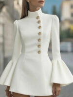 Elegant White High-Neck Mini Dress for Women | Gold Button Long Sleeve Structured Dress - Image 2