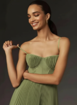 Sage Green Pleated Midi Dress – Corset-Style Spaghetti Strap Elegant Dress - Image 3