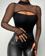 Black One-Shoulder Rhinestone Mesh Crop Top for Women – Long Sleeve Sheer Cutout Party Top | Night Out Statement Top - Image 5