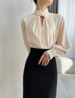 Elegant Twist-Neck Satin Blouse for Women – Long Sleeve Formal Top - Image 7
