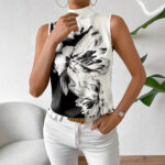 Black & White Floral Sleeveless High-Neck Blouse – Elegant Monochrome Women’s Top | Boutique Fashion - Image 3