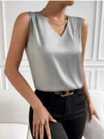 Red Sleeveless V-Neck Blouse for Women – Elegant Satin-Feel Tank Top | Chic Everyday & Workwear Essential - Image 7