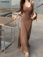 Elegant Brown Sleeveless Maxi Dress – Soft Stretch Bodycon Summer Dress for Women - Image 2