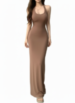 Elegant Brown Sleeveless Maxi Dress – Soft Stretch Bodycon Summer Dress for Women - Image 3