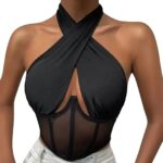 Elegant Halter Neck Mesh Corset Top for Women | Sheer Panel Wrap Neck Crop Top | Clubwear & Night Out Fashion - Image 9