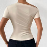 Beige One-Shoulder Ruched Crop Top for Women – Asymmetrical Short Sleeve Fitted Top | Minimalist Chic Essential - Image 2