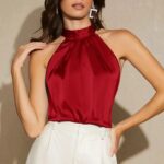 Luxury Satin Halter Neck Blouse for Women – Elegant Sleeveless High-Neck Top in Red, Teal & Black - Image 12